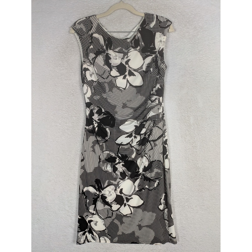 Lauren Ralph Lauren Sheath Dress Women's 8 Black White Floral Ruched Sleeveless